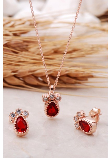 Lal Taşlı Damla Rose Gümüş Set 2471