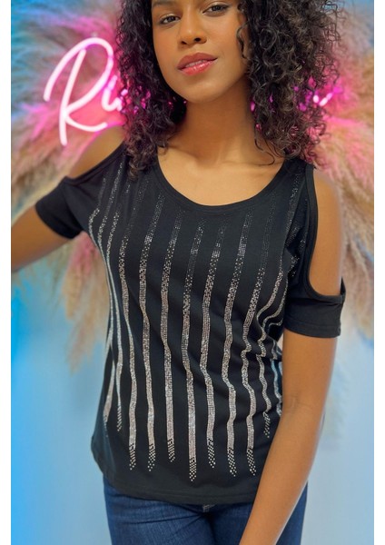 Omzu Açık Crystal Taş Baskılı Pamuklu Kısa Kollu Şık Tasarım Siyah Kadın T-Shirt M L Xl 2xl fırsatları