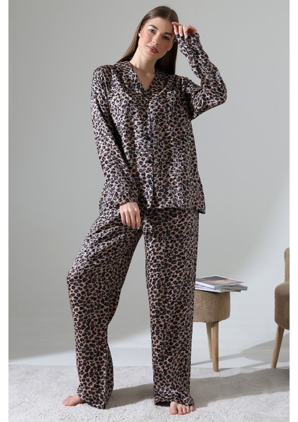 Likapashop Viskon Jakarlı Uzun Kol Pijama Takımı