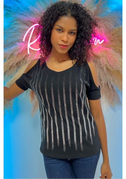 Omzu Açık Crystal Taş Baskılı Pamuklu Kısa Kollu Şık Tasarım Siyah Kadın T-Shirt M L Xl 2xl