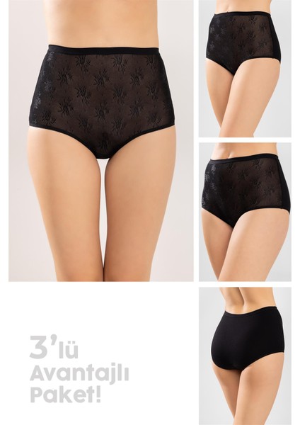 Kadın Pamuklu Dantelli Düz Bato Külot 3'lü Paket Siyah