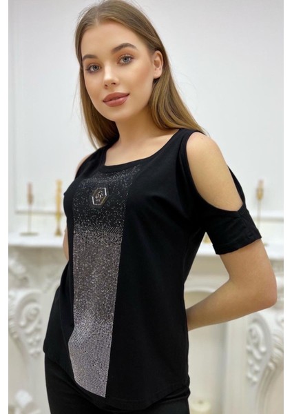 Omzu Açık Pamuk Crystal Taş Baskılı Siyah Rahat Şık Kadın T-Shirt
