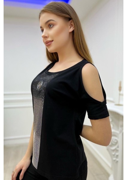 Omzu Açık Pamuk Crystal Taş Baskılı Siyah Rahat Şık Kadın T-Shirt fiyatları