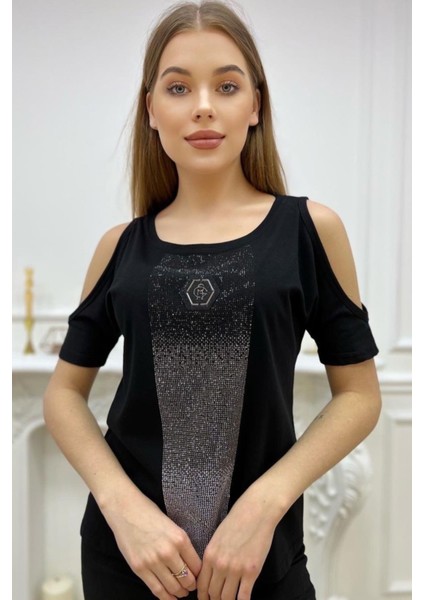 Omzu Açık Pamuk Crystal Taş Baskılı Siyah Rahat Şık Kadın T-Shirt modelleri