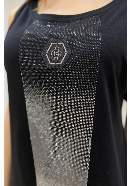 Omzu Açık Pamuk Crystal Taş Baskılı Siyah Rahat Şık Kadın T-Shirt fırsatları