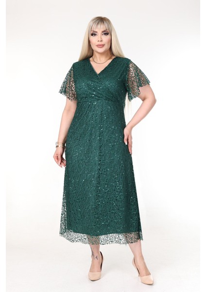 Kruvaze Yaka Büyük Beden Payetli Yeşil Abiye Elbise 11B-2637