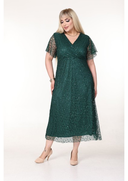 Kruvaze Yaka Büyük Beden Payetli Yeşil Abiye Elbise 11B-2637 fiyatları