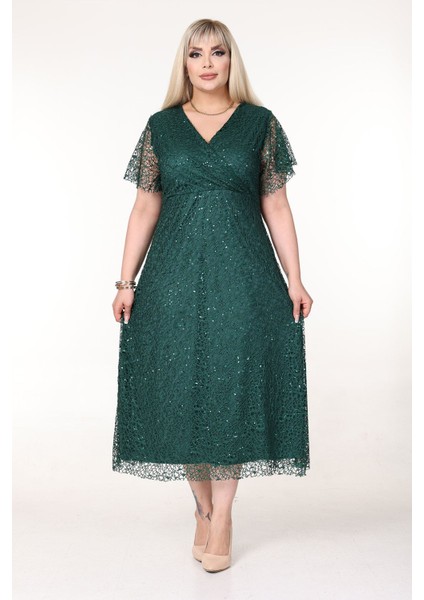 Kruvaze Yaka Büyük Beden Payetli Yeşil Abiye Elbise 11B-2637 modelleri