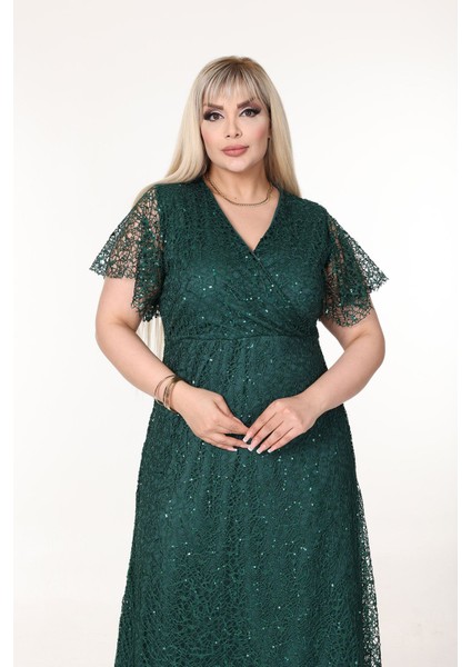 Kruvaze Yaka Büyük Beden Payetli Yeşil Abiye Elbise 11B-2637 indirimleri