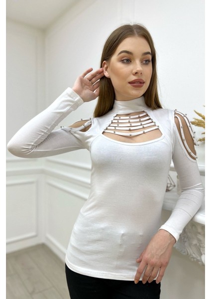 Omzu Açık Uzun Kollu Dekolteli Incili Şık Tasarım Kadın Pamuk T-Shirt Bluz fırsatları