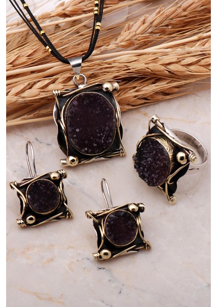 Doğal Ametist Taşlı Elişi Gümüş Set 2450