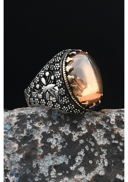 925 Ayar Gümüş Erkek Yüzük Şampanya Topaz Taşlı 901485