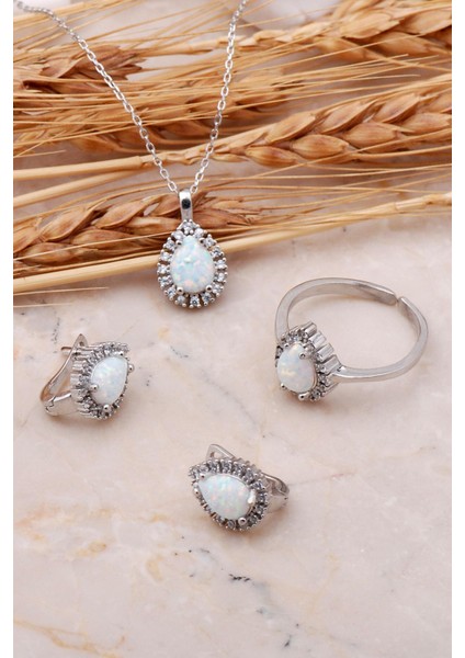 Opal Taşlı Damla Gümüş Üçlü Set 2436