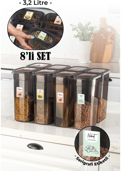 Beyaz Serigrafi Etiketli Set Peggy Dikdörtgen Saklama Kabı 3,2 lt Antrasit 8'li