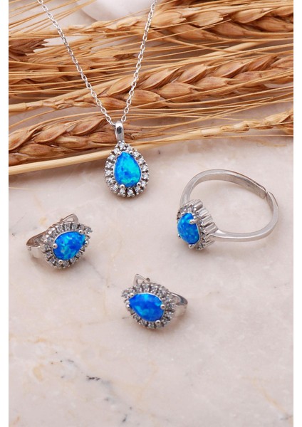 Opal Taşlı Damla Gümüş Üçlü Set