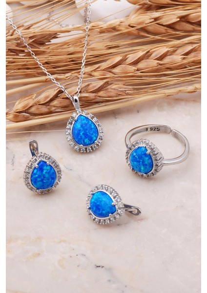 Opal Taşlı Damla Gümüş Üçlü Set 2417