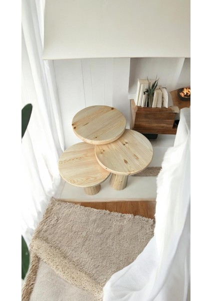 3’lü Set Wood Wooden Minimalist Mantar Yan Sehpa Ahşap Modern Natural modelleri