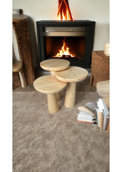 3’lü Set Wood Wooden Minimalist Mantar Yan Sehpa Ahşap Modern Natural fırsatları