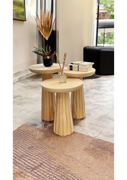Wooden 3’lü Set Fitilli Mantar Yan Sehpa Modern modelleri