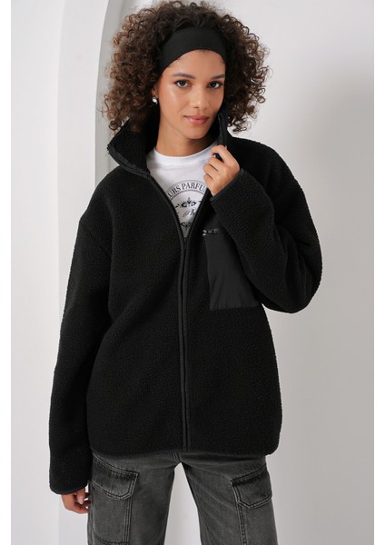 55446 Fermuarlı Oversize Peluş Ceket Mont - Siyah modelleri