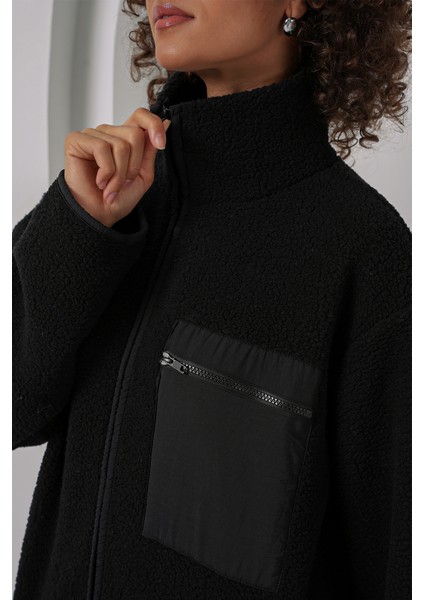 55446 Fermuarlı Oversize Peluş Ceket Mont - Siyah indirimleri