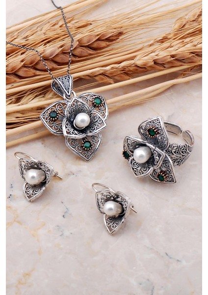Açelya Çiçeği Inci Taşlı Telkari Elişi Gümüş Set 2395