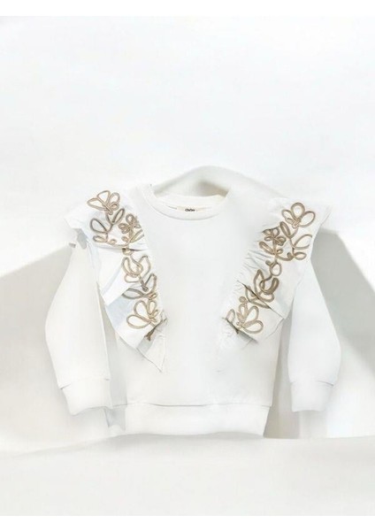 Kız Çocuk Pamuklu Orta Kalınlık Omuzları Fırfırlı ve Nakışlı Sweatshirt