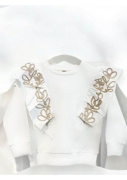 Kız Çocuk Pamuklu Orta Kalınlık Omuzları Fırfırlı ve Nakışlı Sweatshirt