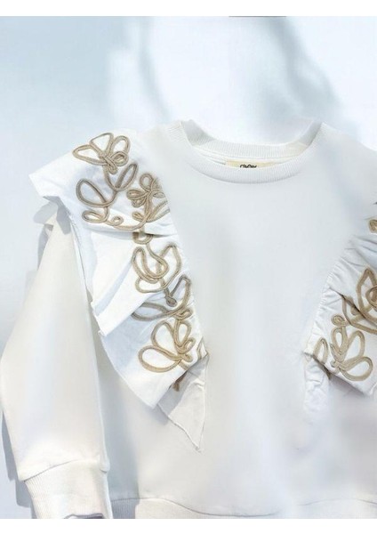 Kız Çocuk Pamuklu Orta Kalınlık Omuzları Fırfırlı ve Nakışlı Sweatshirt