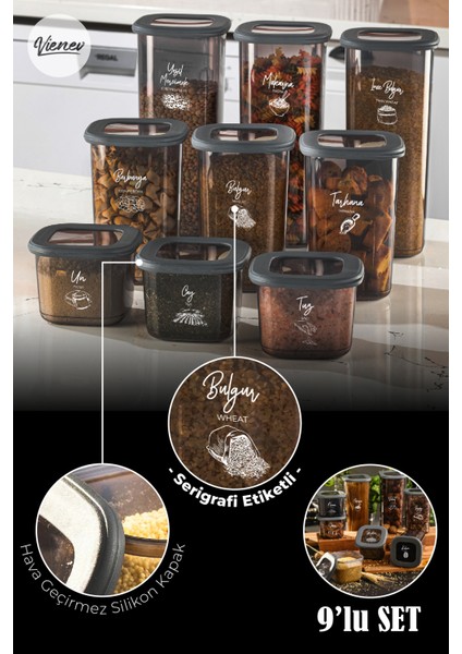 Etiketli Foly Kare Erzak Saklama Kabı 9'lu Set 3x(0,55 Litre, 1,2 Litre, 1,75 Litre) Antrasit