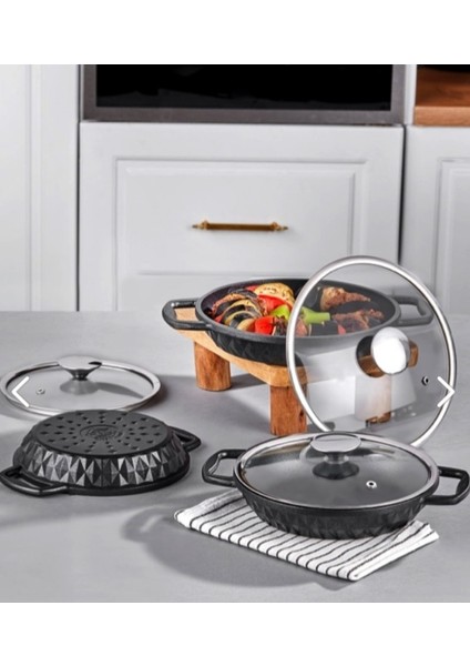 Taç Bella Döküm Cam Kapaklı 3'lü Sahan Seti 18-20-22 cm