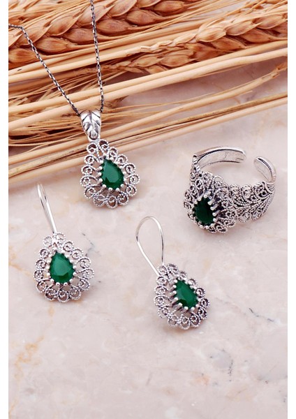 Kök Zümrüt Taşlı Telkari Elişi Damla Gümüş Set 2383
