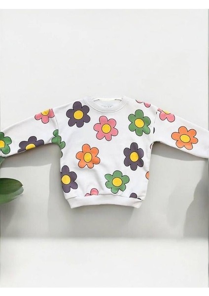 Kız Çocuk Renkli Çiçek Baskılı Sweatshirt