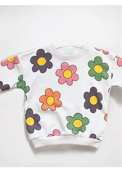 Kız Çocuk Renkli Çiçek Baskılı Sweatshirt