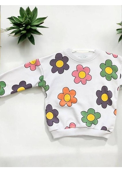 Kız Çocuk Renkli Çiçek Baskılı Sweatshirt