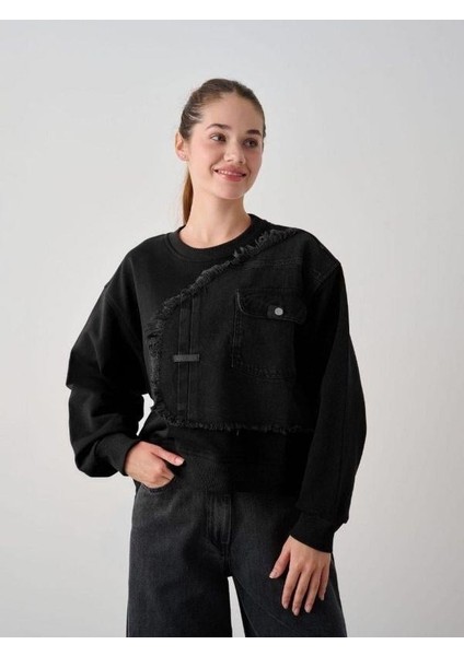 Kız Çocuk Mevsimlik Önü Denim Garni Cepli 3 Iplik Sweatshirt