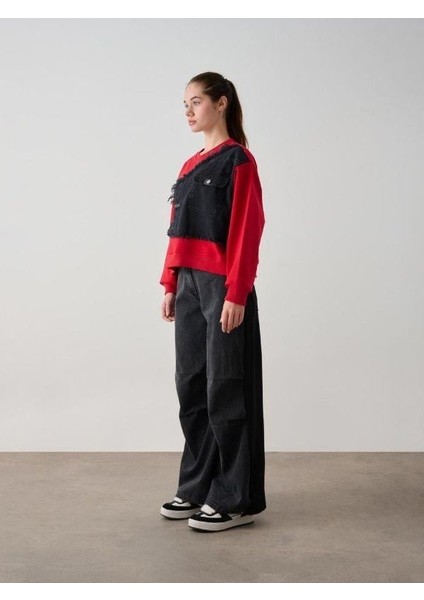 Kız Çocuk Mevsimlik Önü Denim Garni Cepli 3 Iplik Sweatshirt fırsatları