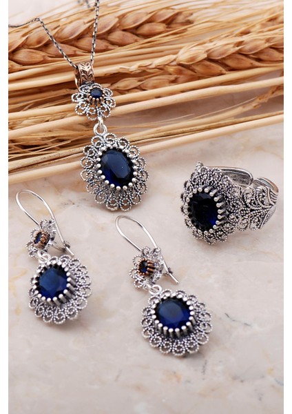 Safir Taşlı Telkari Elişi Gümüş Set 2379