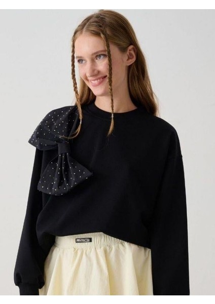 Kız Çocuk Taşlı Büyük Fiyonk Detaylı Sweatshirt fırsatları