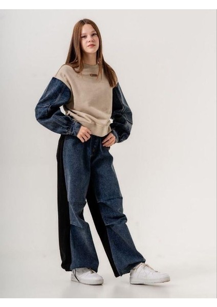 Kız Çocuk Mevsimlik Denim Kol 3 Iplik Sweatshirt