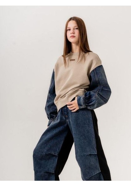 Kız Çocuk Mevsimlik Denim Kol 3 Iplik Sweatshirt