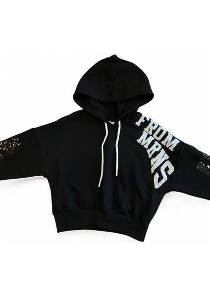Kız Çocuk Simli Yazılı Kolları Pul Detaylı Crop Sweatshirt modelleri