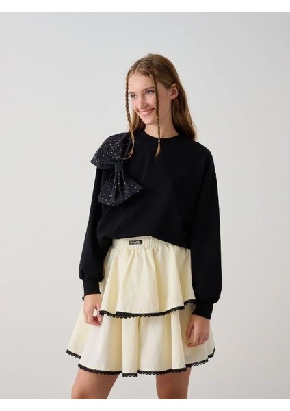 Kız Çocuk Taşlı Büyük Fiyonk Detaylı Sweatshirt