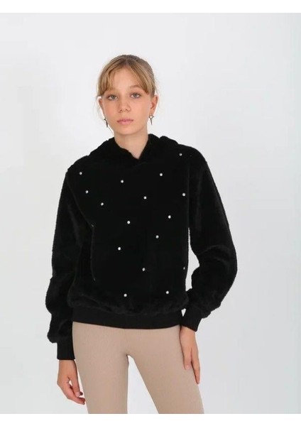 Kız Çocuk Taşlı Peluş Kapüşonlu Sweatshirt