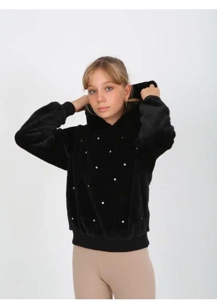 Kız Çocuk Taşlı Peluş Kapüşonlu Sweatshirt fırsatları