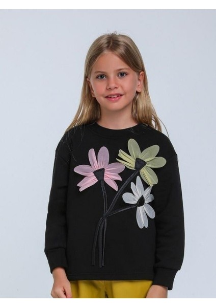 Kız Çocuk Çiçek Işlemeli Tasarım Sweatshirt