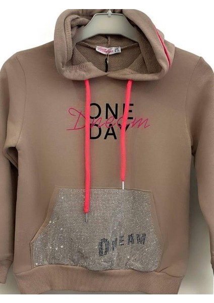 Kız Çocuk Kapüşonlu Taşlı One Day Yazılı Sweatshirt modelleri