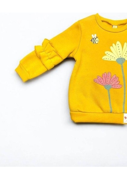 Kız Çocuk Kolları Fırfırlı Içi Şardonlu Çiçek Baskılı Sweatshirt
