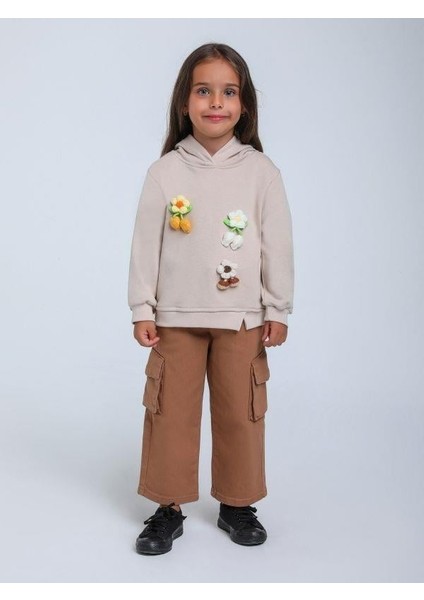 Kız Çocuk Çiçek Örgü Detaylı Kapüşonlu Sweatshirt