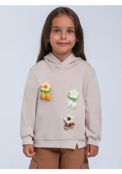Kız Çocuk Çiçek Örgü Detaylı Kapüşonlu Sweatshirt